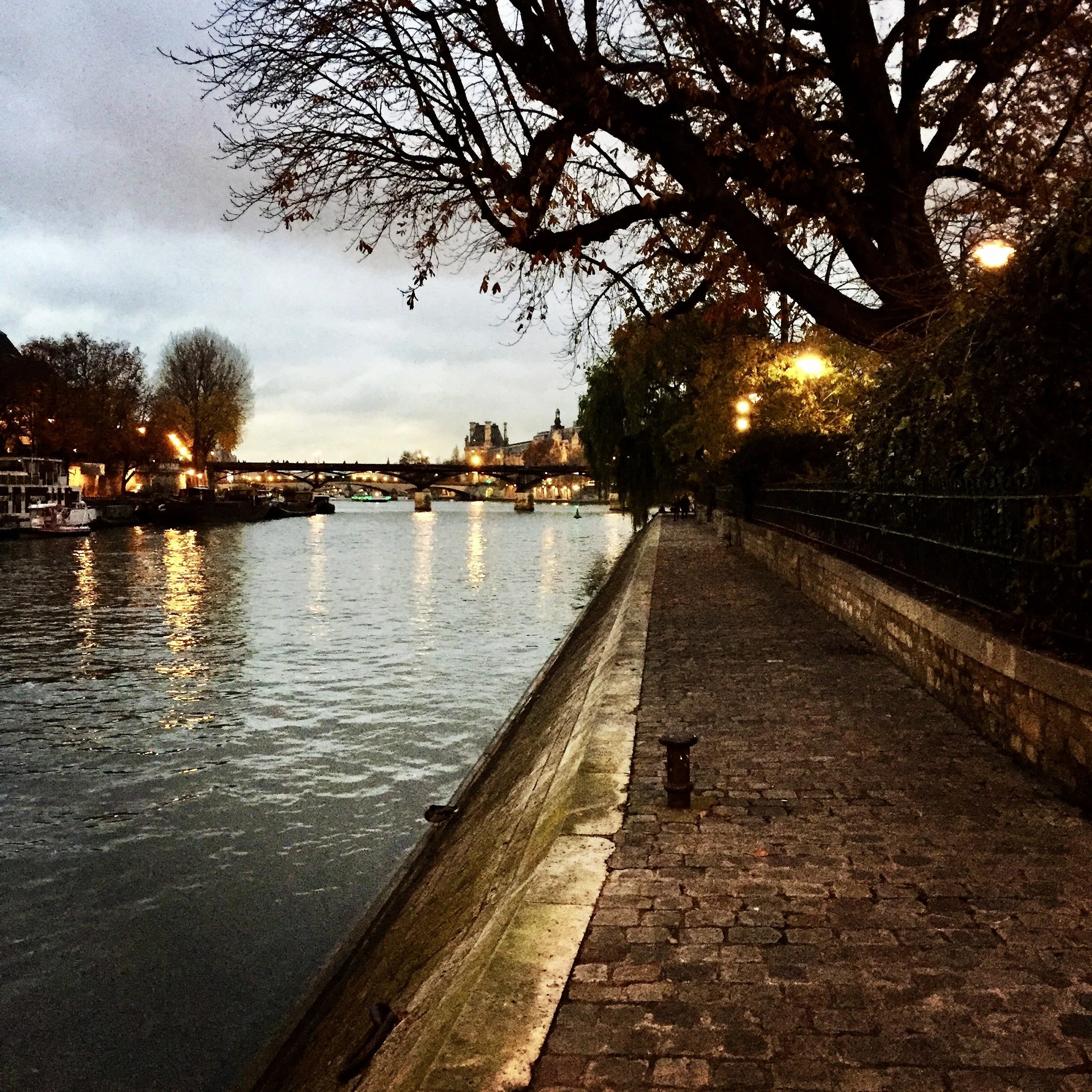 A walkway along the Seine River in Paris during sunset with trees and city buildings in the background.