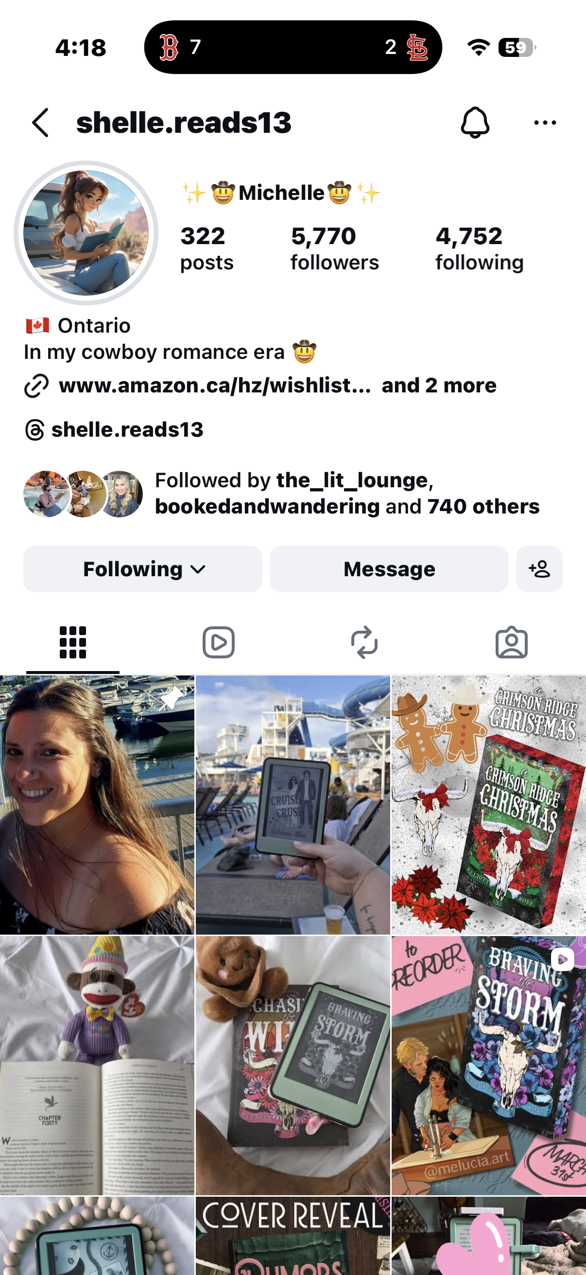 Instagram profile page of user shelle.reads13 with 322 posts, 5,770 followers, and 4,752 following; profile picture of a woman reading a book outdoors; highlights and several photos of books, a woman on a boat, and books with holiday and literary themes.