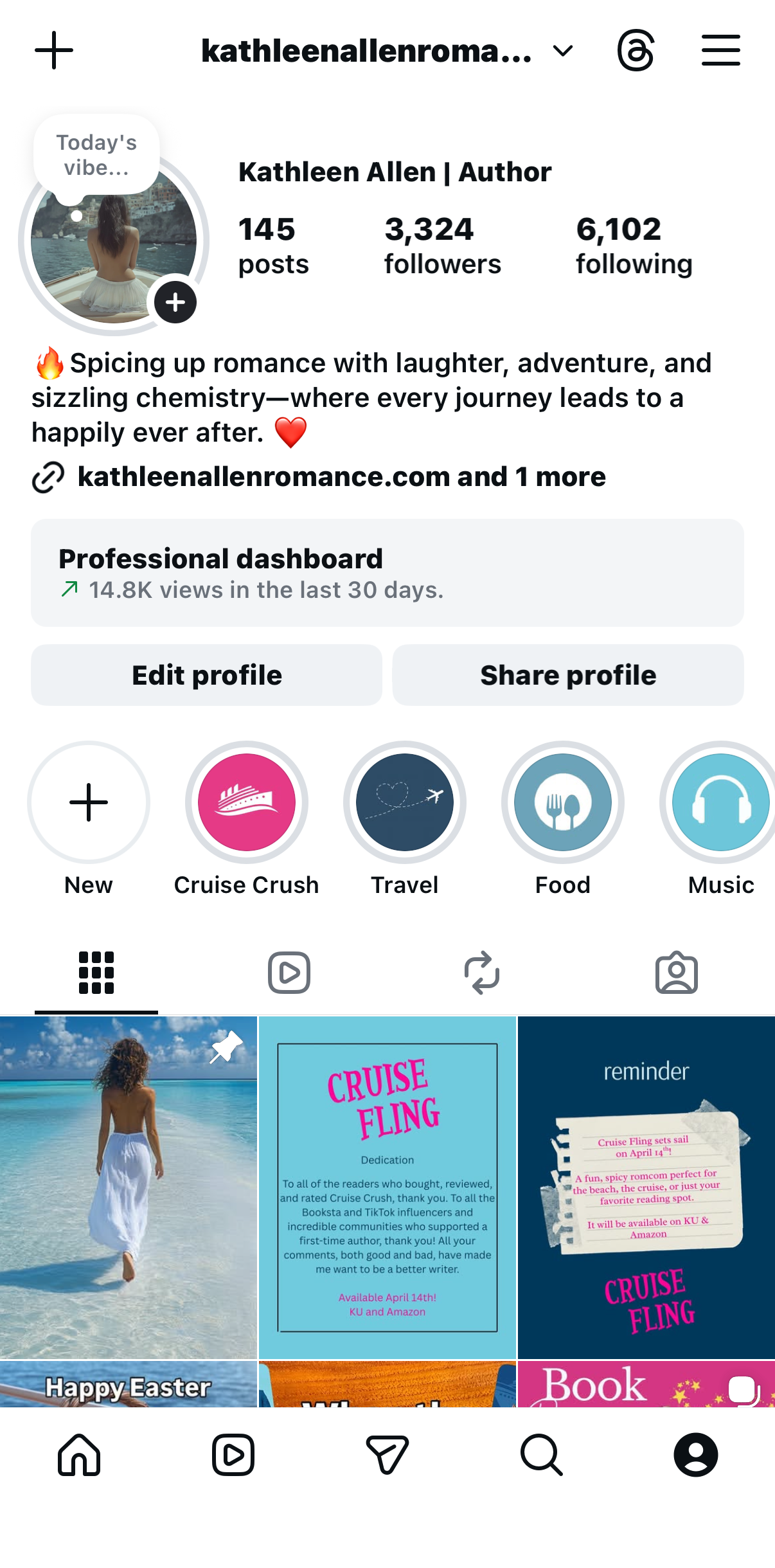 Instagram profile page of Kathleen Allen, author, with a profile picture of a woman sitting by a body of water. The bio describes her as a romance novelist with 145 posts, 3,324 followers, and 6,102 following. The profile highlights her love for romance, adventure, and humor, and includes links to her website and more. The feed displays categories like Cruise Crush, Travel, Food, Music, and recent posts with travel and book themes.