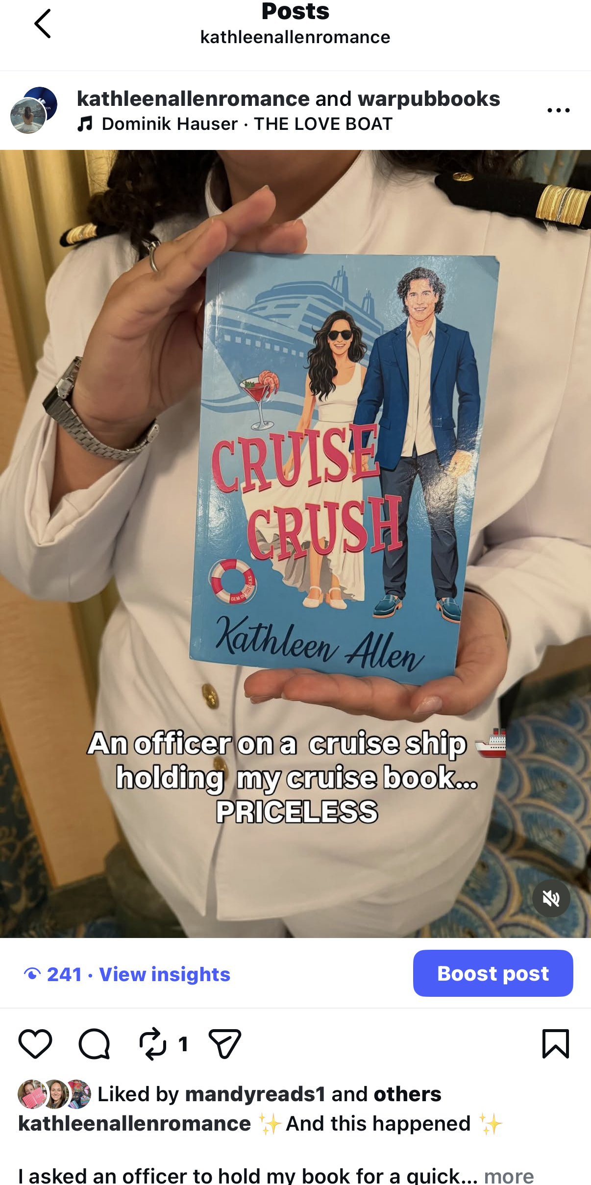 A person in a white uniform holding a cruise book titled 'Cruise Crush' by Kathleen Allen, with a cruise ship and illustrations of a woman in sunglasses and a man in a blazer on the cover.