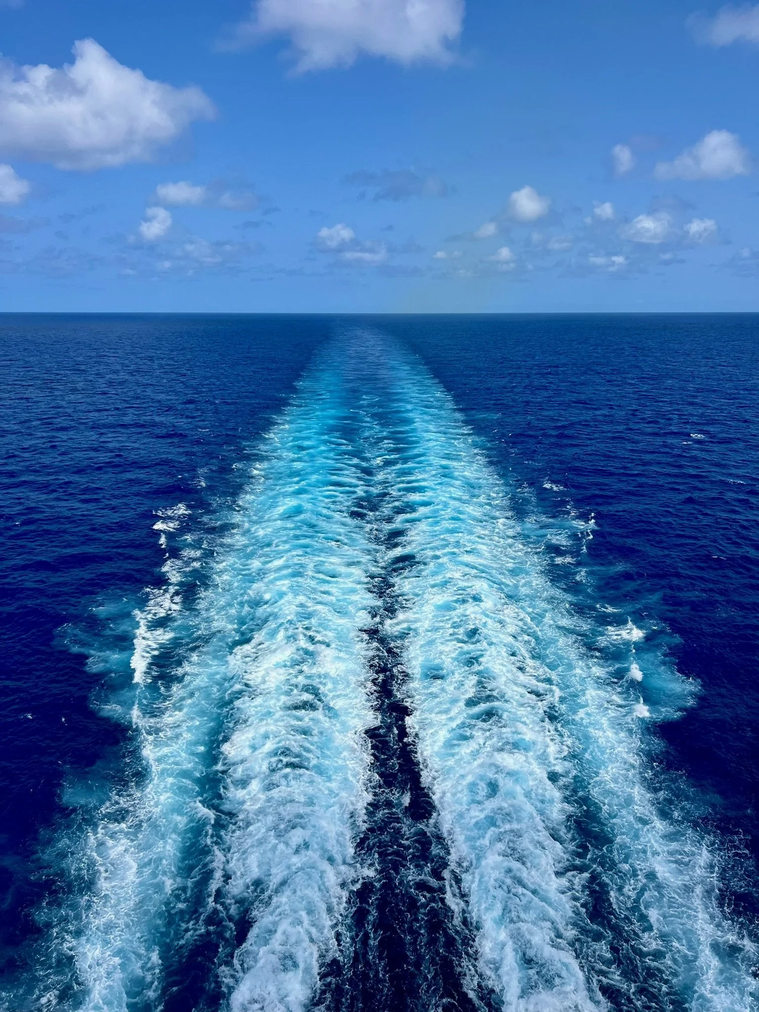 View of the ocean wake trailing behind a cruise ship at sea — the real-life inspiration behind author Kathleen Allen's cruise ship romance novels in the Pinnacle Cruise Line series