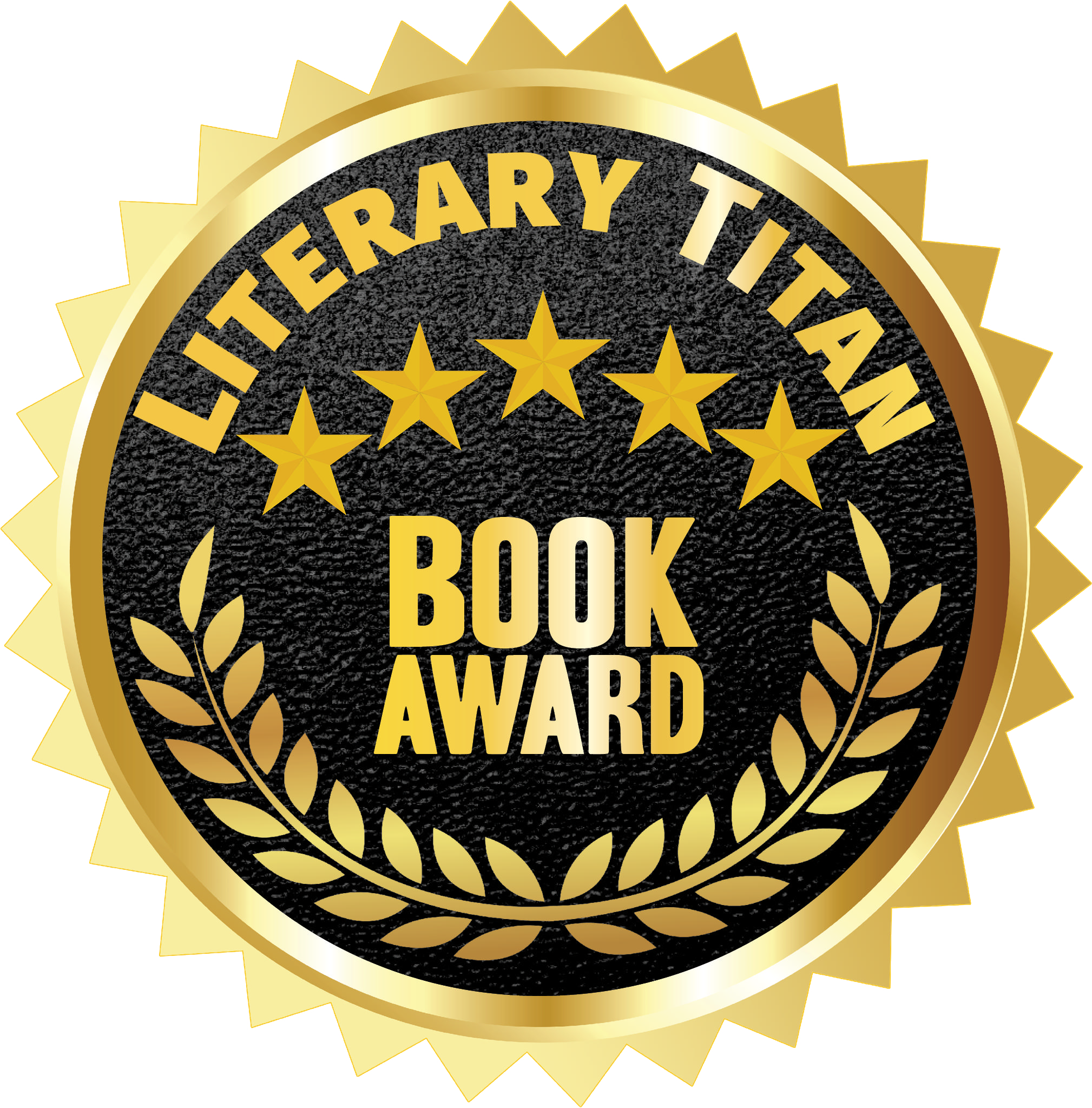 Gold and black literary trophy badge with five gold stars and laurel wreath, labeled 'Literary Taxan Book Award'.