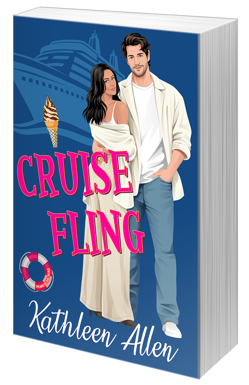 Book cover titled "Cruise Fling" by Kathleen Allen, featuring a man and woman standing close together in front of a cruise ship, with an ice cream cone and a life preserver on the cover.