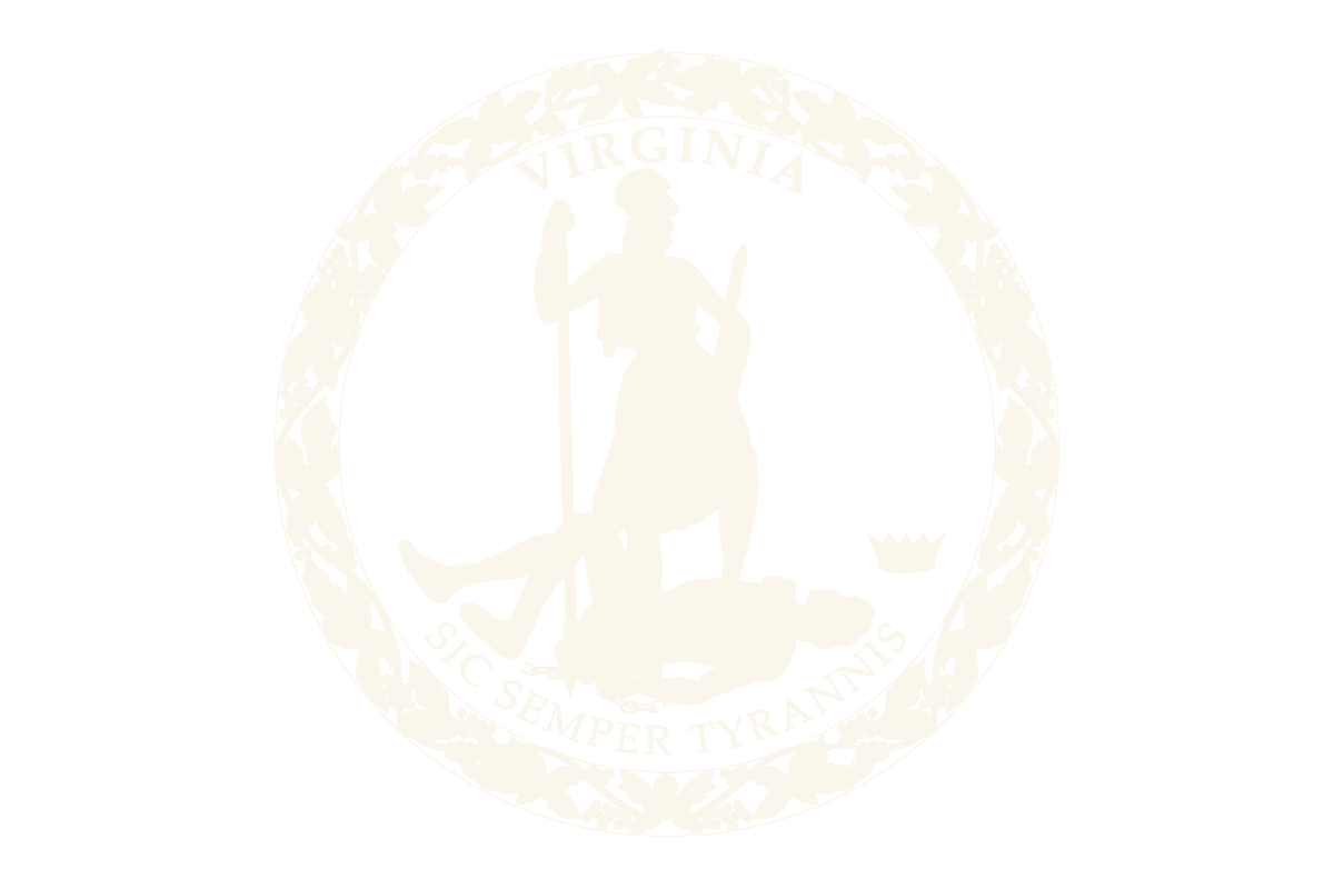 Seal of the state of Virginia showing a female figure holding a spear and a sword, with a fallen soldier and a lion, surrounded by the words Virginia and Sic Semper Tyrannis.