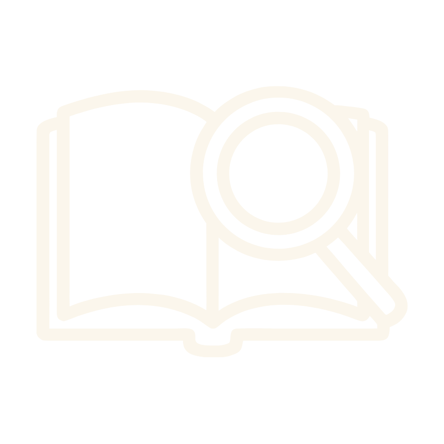 Icon of an open book with a magnifying glass over it.