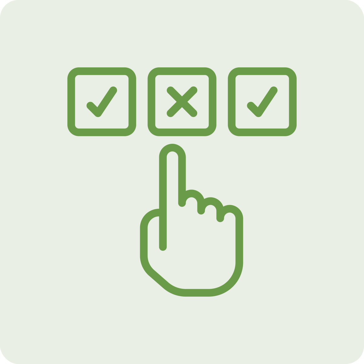 A graphic of a hand with one finger pointing upwards below three checkboxes, with the middle checkbox marked with an X and the other two checked.