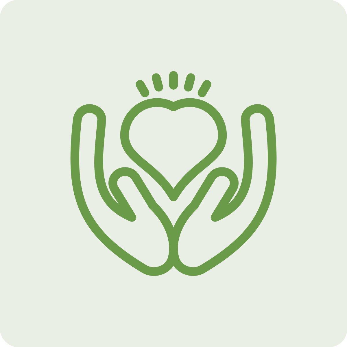 Outline of two hands holding a heart with a sun above it, all in green on a light background.