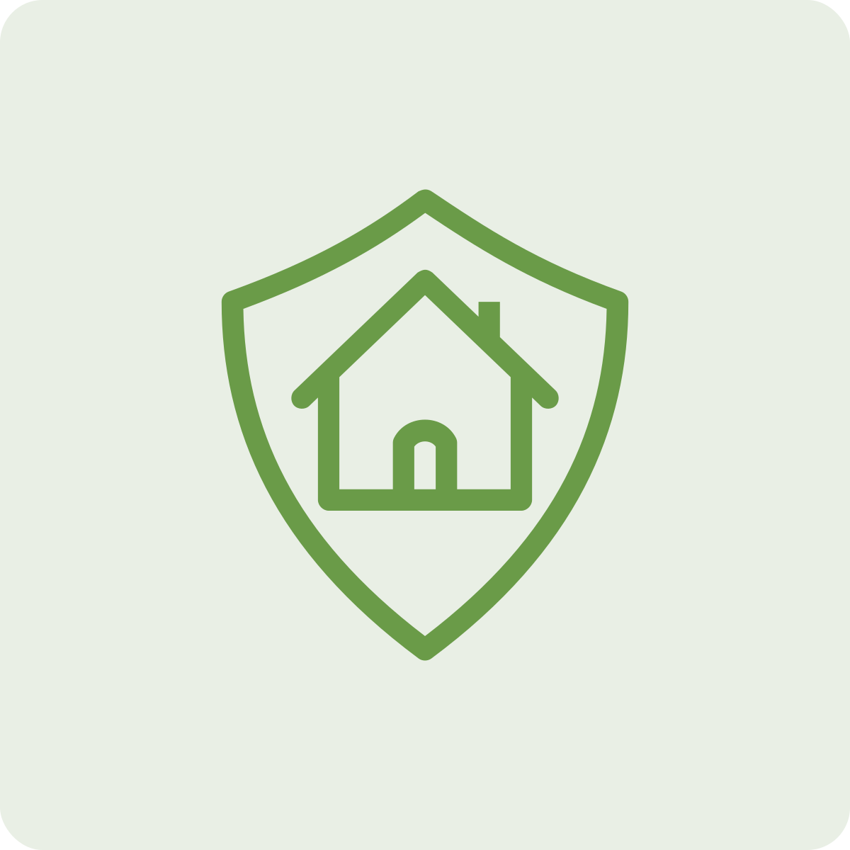 Green outline of a house inside a shield symbol.
