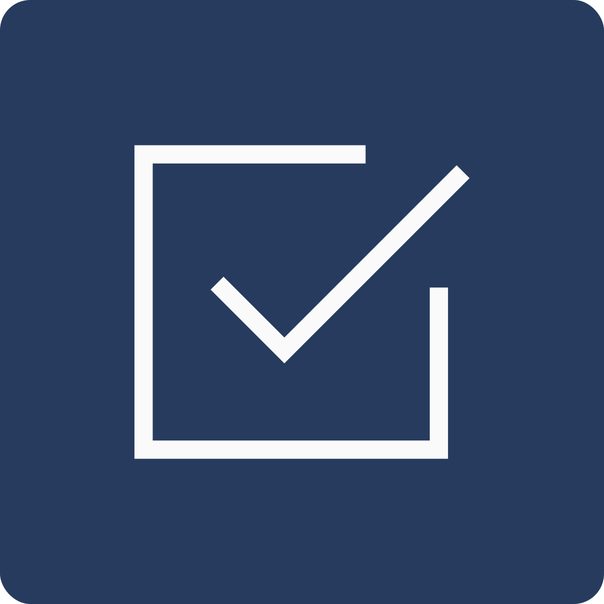 Icon of a checkmark inside a square box on a navy blue background.