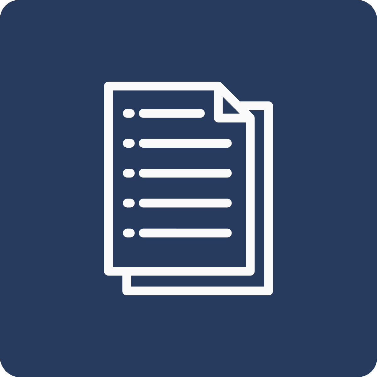 Icon of a document or paper with lines of text on a dark blue background.