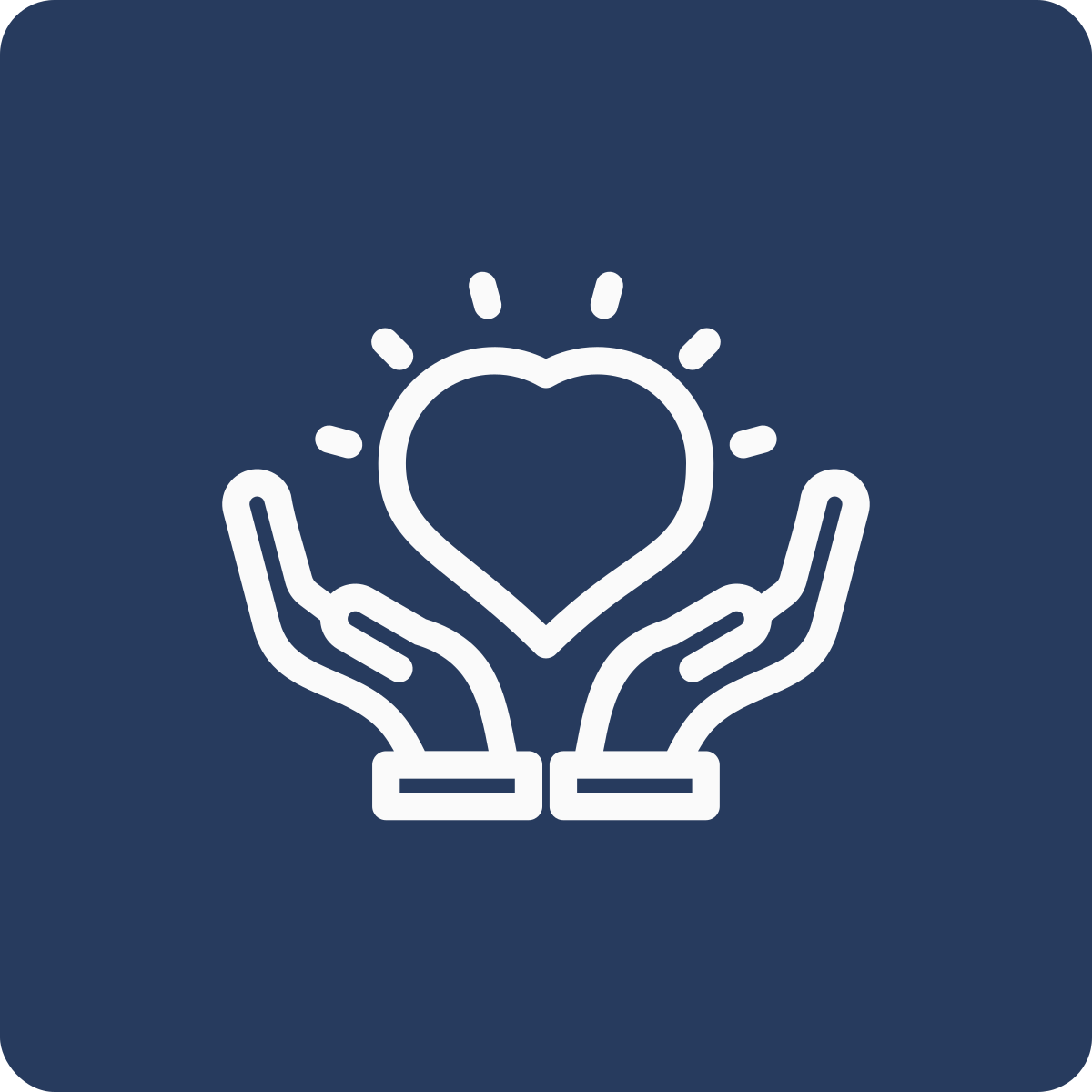 Two hands cupping a heart with radiating lines, symbolizing care and compassion.