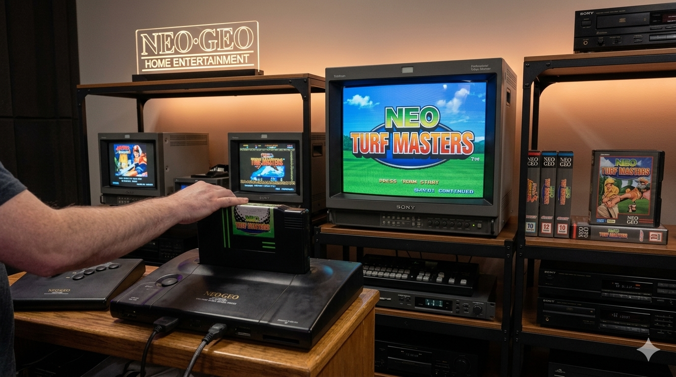 A person interacts with a Neo Geo gaming console in front of a display of vintage gaming equipment and monitors playing Neo Geo game screens.