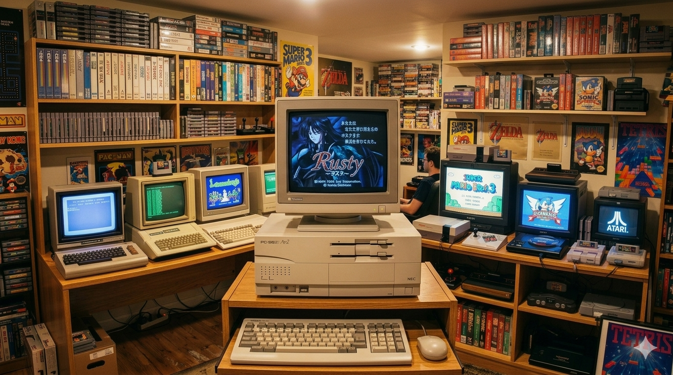 A room filled with vintage video game consoles, computers, and shelves of video game boxes and cartridges, creating a retro gaming collection setting.