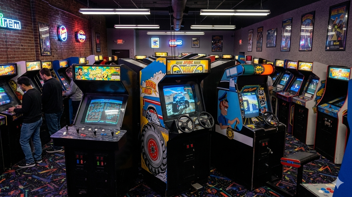 Arcade gaming arcade with multiple vintage arcade machines and players, neon signs, game posters on brick and wallpapered walls, colorful carpet, and gaming chairs.