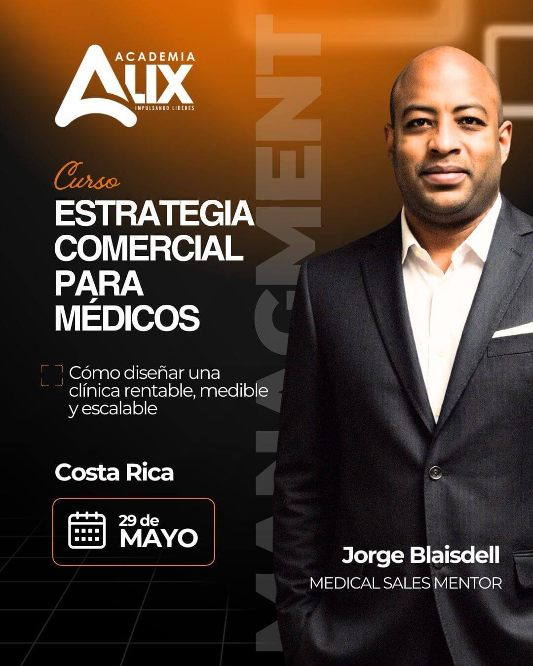Publicidad de un curso sobre estrategia comercial para médicos en Costa Rica, con un hombre en traje y la fecha 29 de mayo.