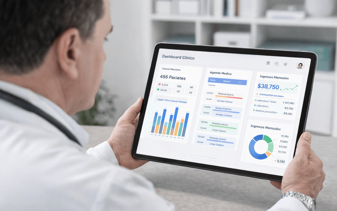 Persona revisando un panel de control clínico digital que muestra estadísticas de pacientes, agenda médica y ingresos mensuales en una tablet.