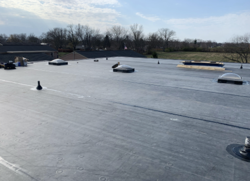 Flat commercial roof with vents and skylights