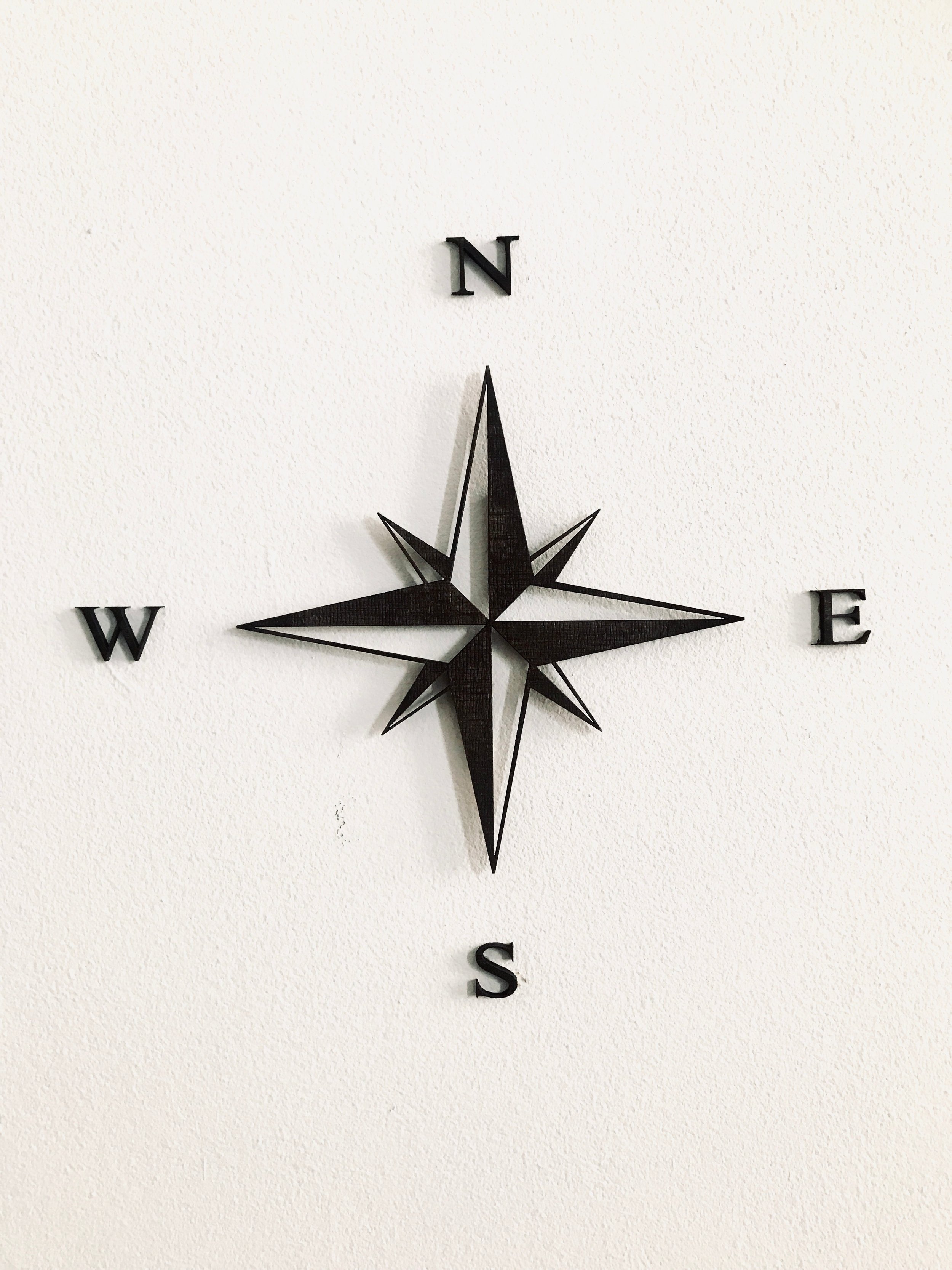 Black compass wall clock on a white wall showing north, south, east, and west directions.