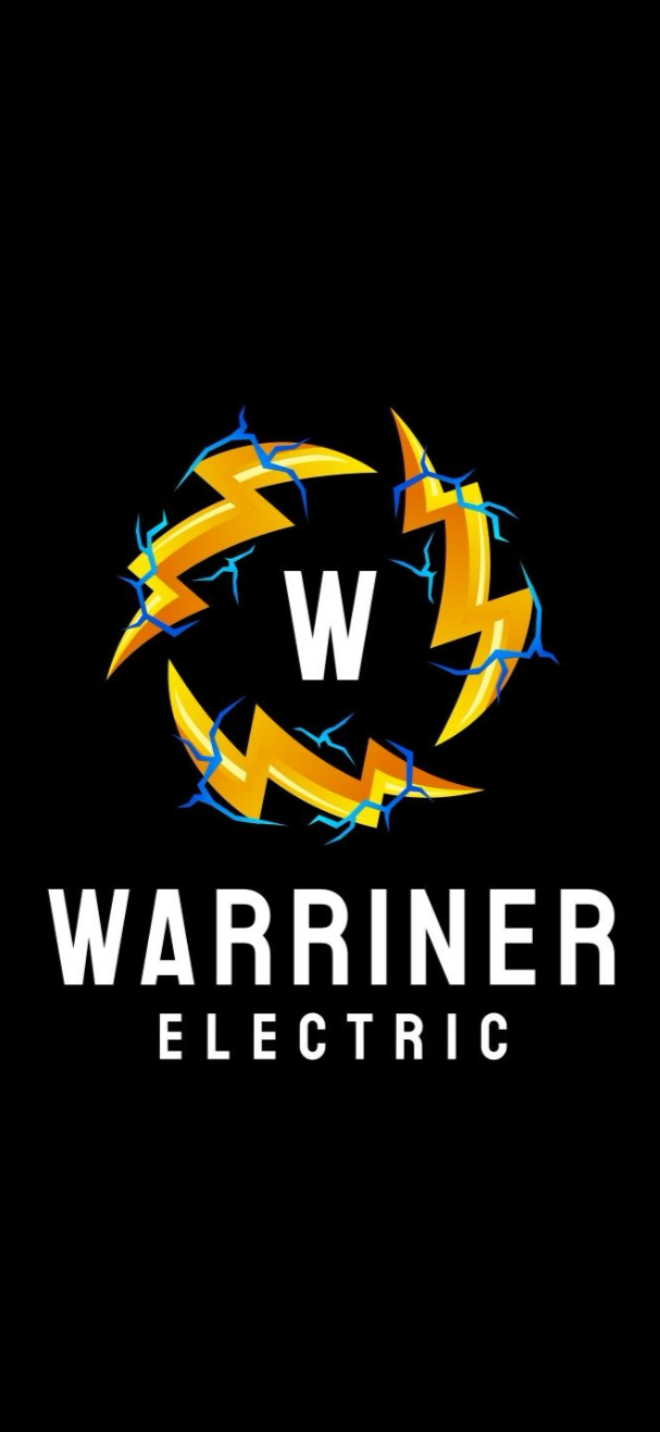 Logo with yellow lightning bolts encircling a black circle with a white 'W' inside, lightning and the circle are surrounded by blue lightning strikes, and beneath it, the text reads 'WARRINER ELECTRIC' on a black background.