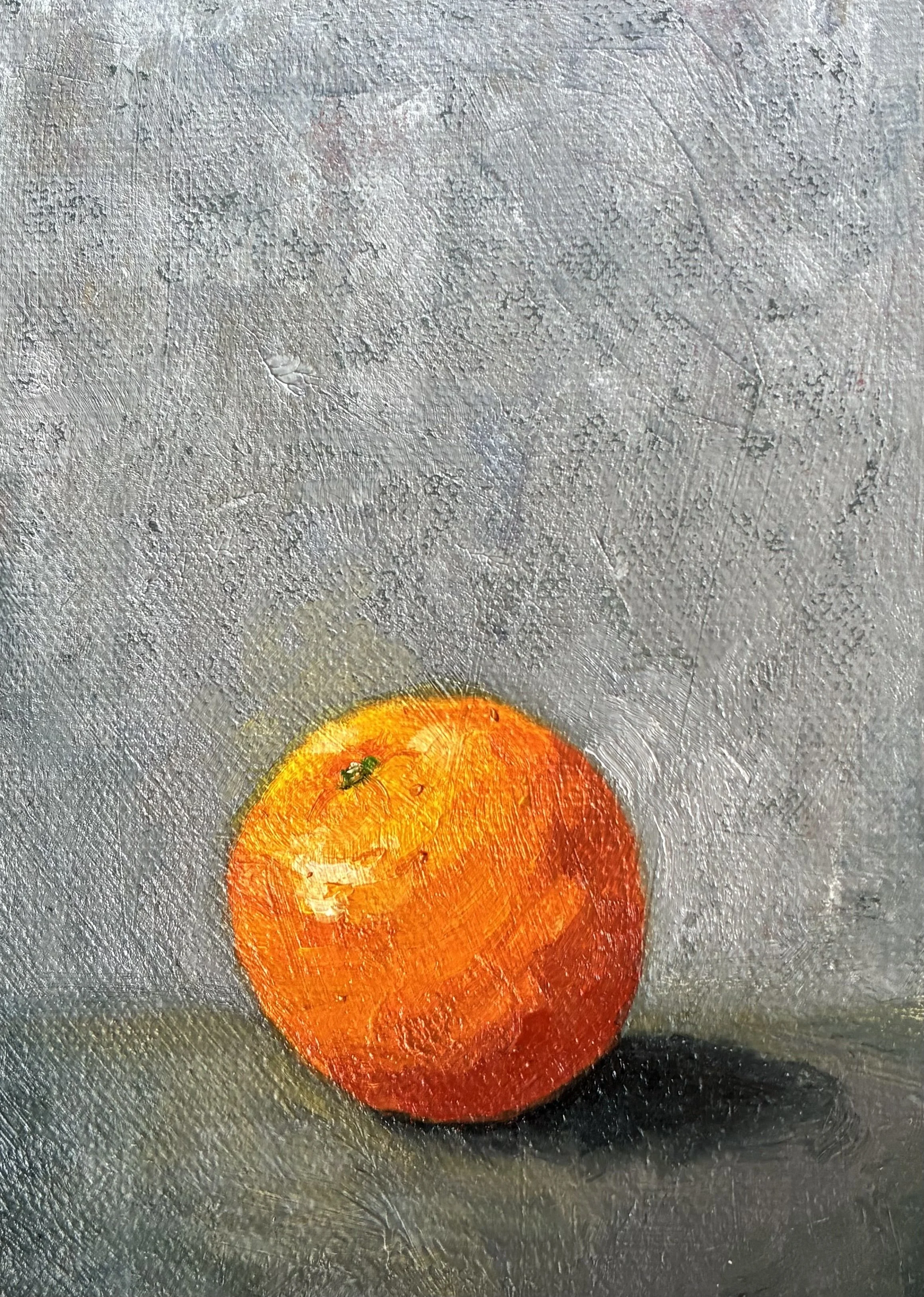 Oil painting of an orange on a gray background