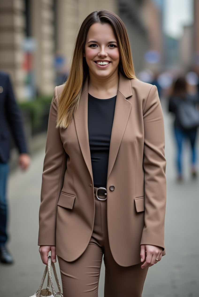 A smiling young woman with long, light brown hair walking in an urban area, wearing a beige suit and black top, holding a bag.