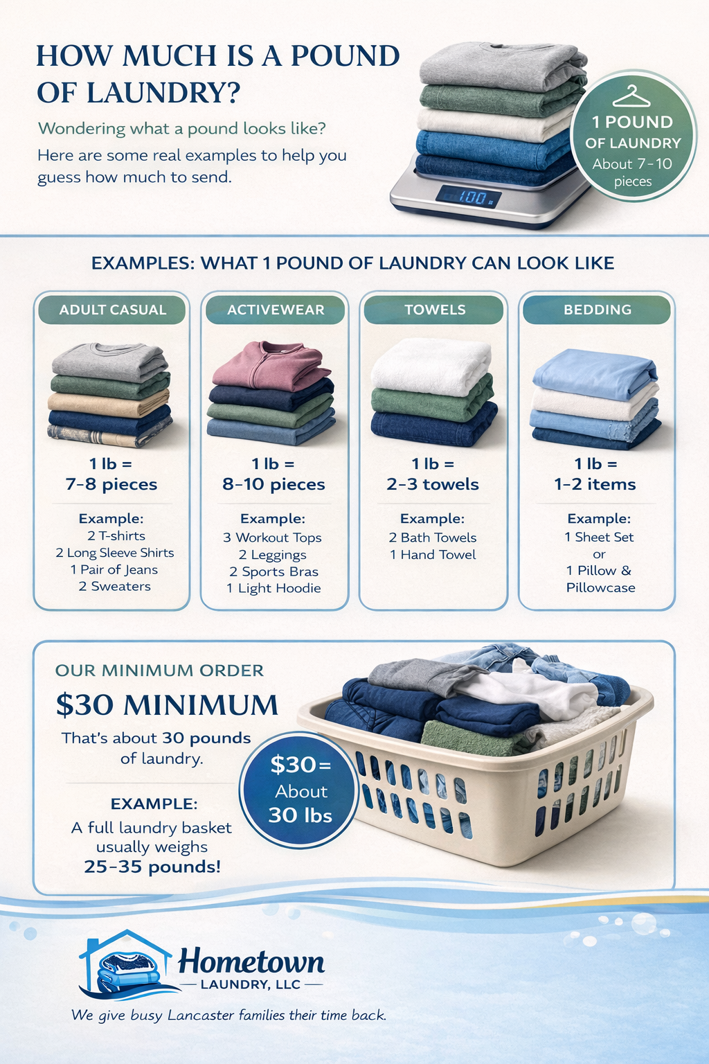 Infographic explaining the weight of one pound of laundry using examples like adult casual clothes, activewear, towels, and bedding, with a digital scale showing one pound and a laundry basket filled with clothes.