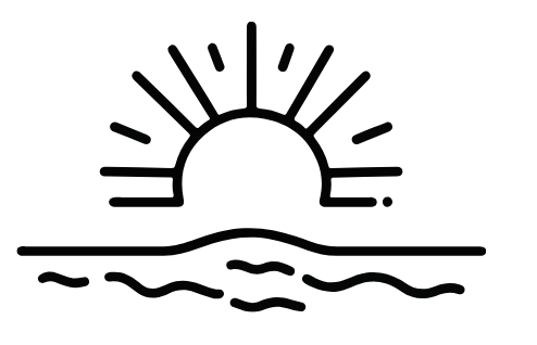 Silhouette of a sunrise over the ocean with rays extending outward.