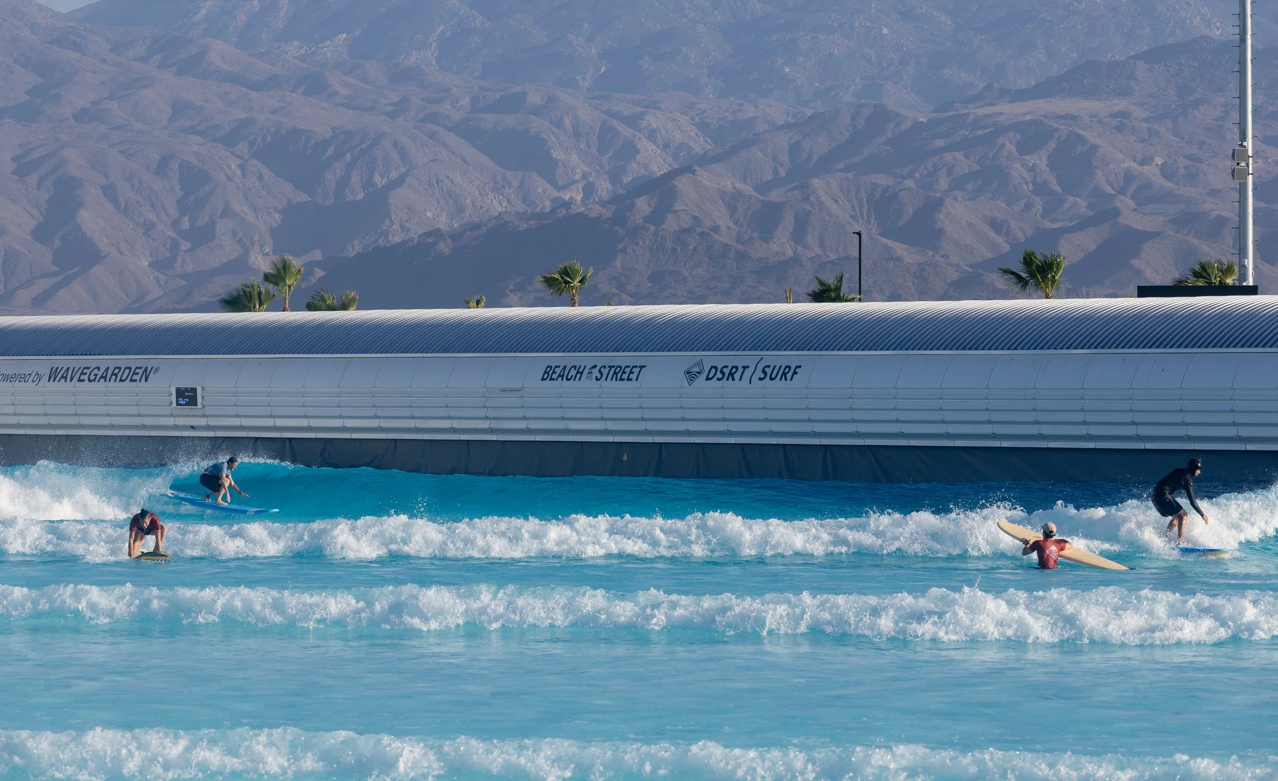 People surfing on artificial wave pool with mountain backdrop and palm trees.