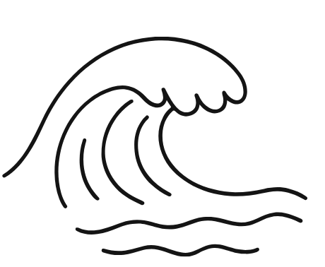 Line drawing of a large ocean wave about to break, with smaller waves at the bottom.