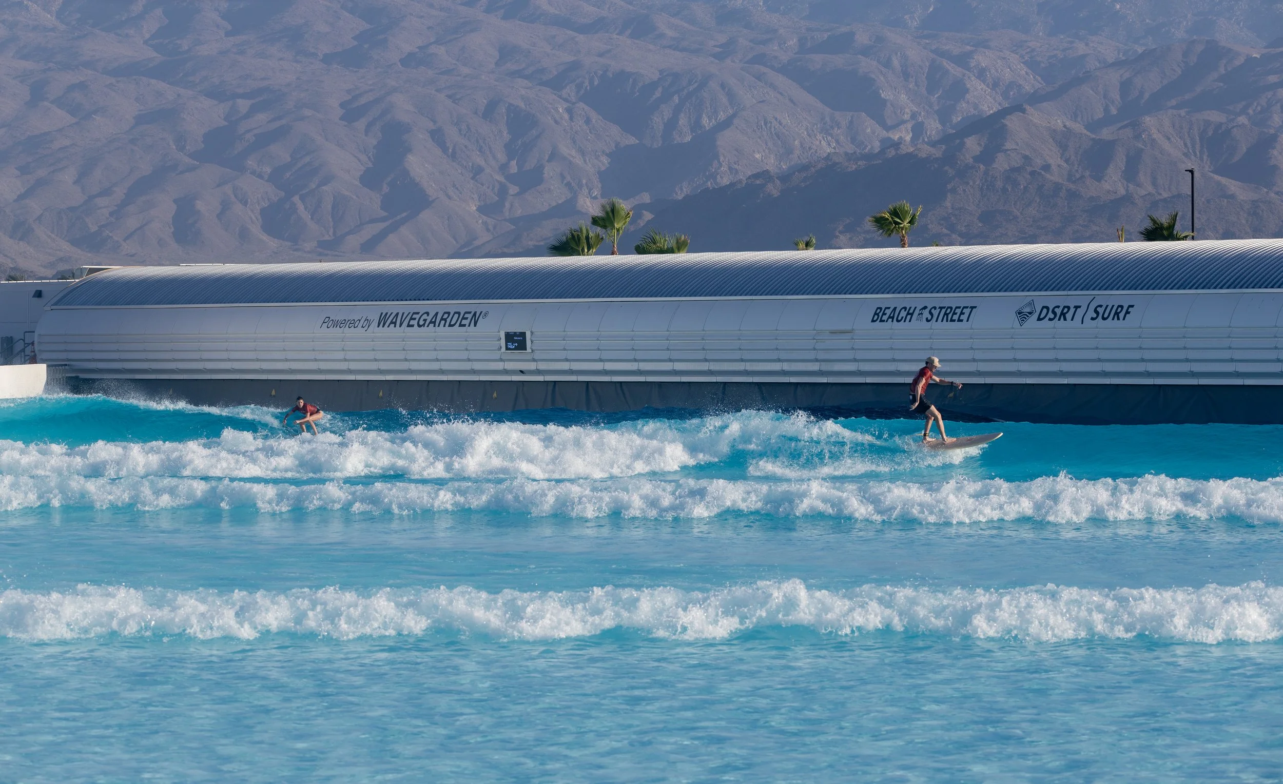 A person surfing on a wave in a pool with palm trees, modern white buildings, and a mountain range in the background.