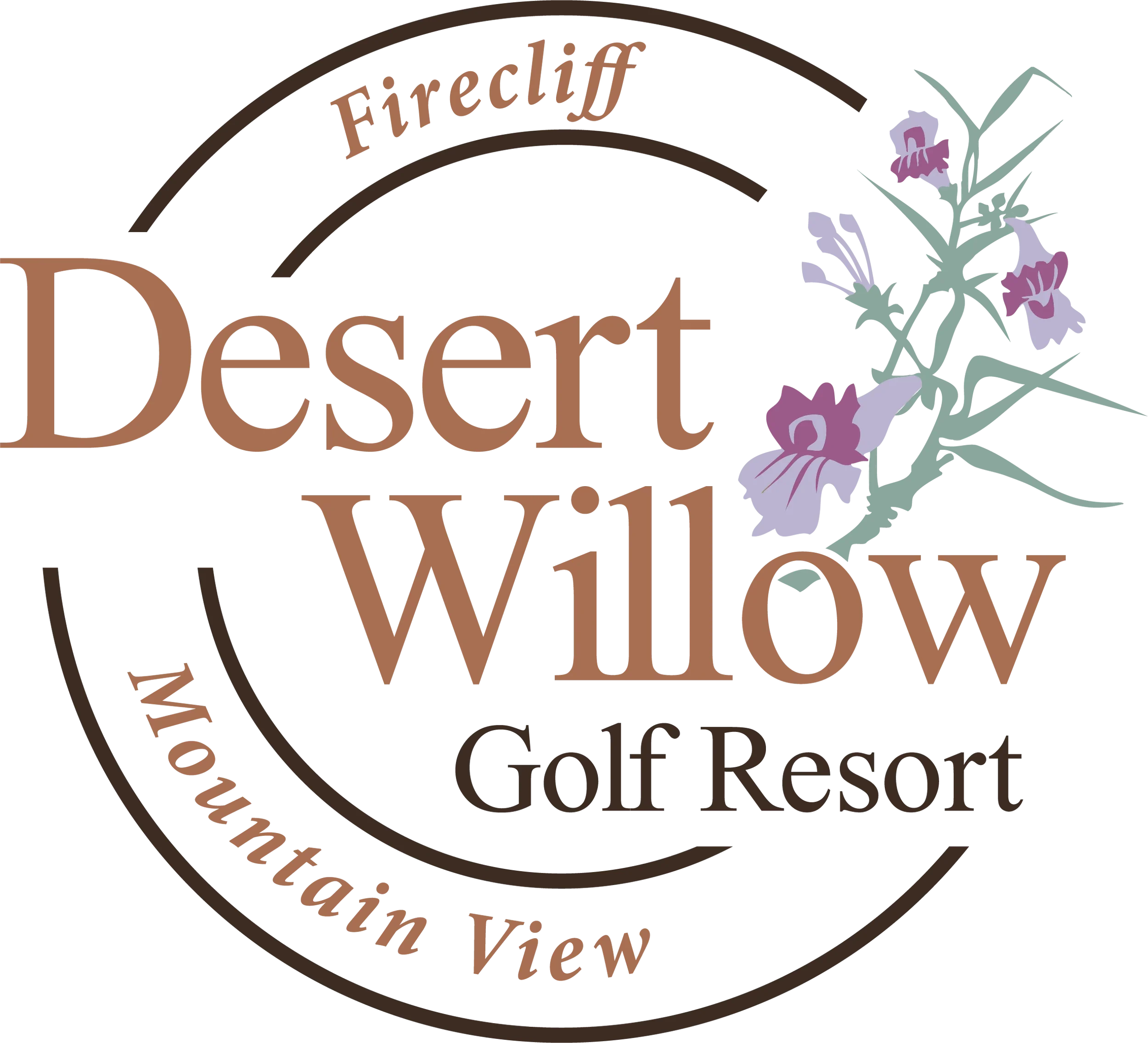 Close-up of a logo with the words "Pirecliff Desert View Winery" and decorative purple flowers.
