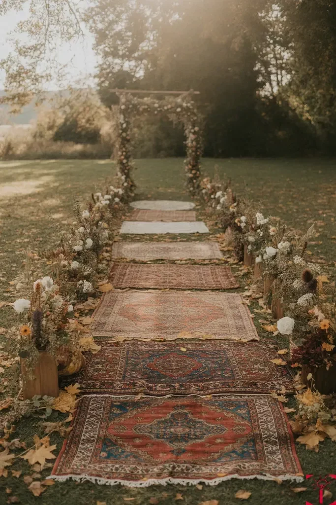 Camino de alfombras y flores en un evento al aire libre, con arco decorado, ideal para cumpleaños, ceremonias de pareja o círculo de mujeres o ceremonias de cacao personalizadas.