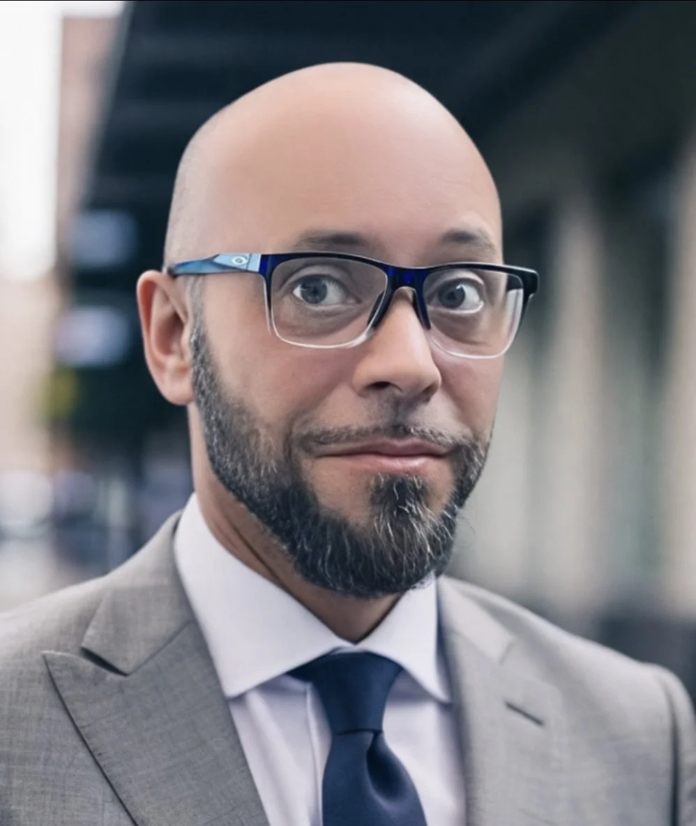 A man wearing a gray suit, white shirt, dark tie, and glasses, with a bald head and a beard, standing outdoors with a blurred urban background.