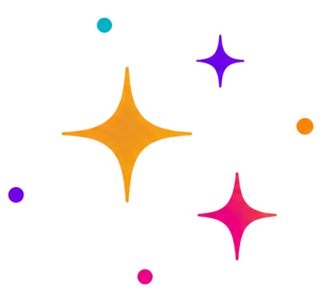 Colorful digital graphic of sparkling stars in purple, blue, orange, and pink over a black background.