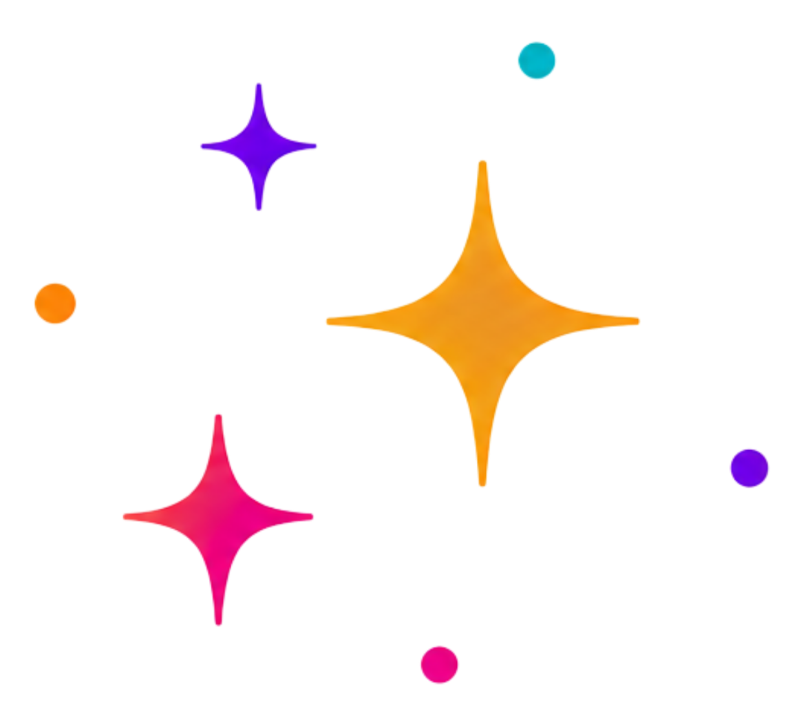 Colorful abstract design with four large star-shaped sparkles in purple, yellow, pink, and purple, connected by multicolored horizontal lines and smaller circles on a black background.