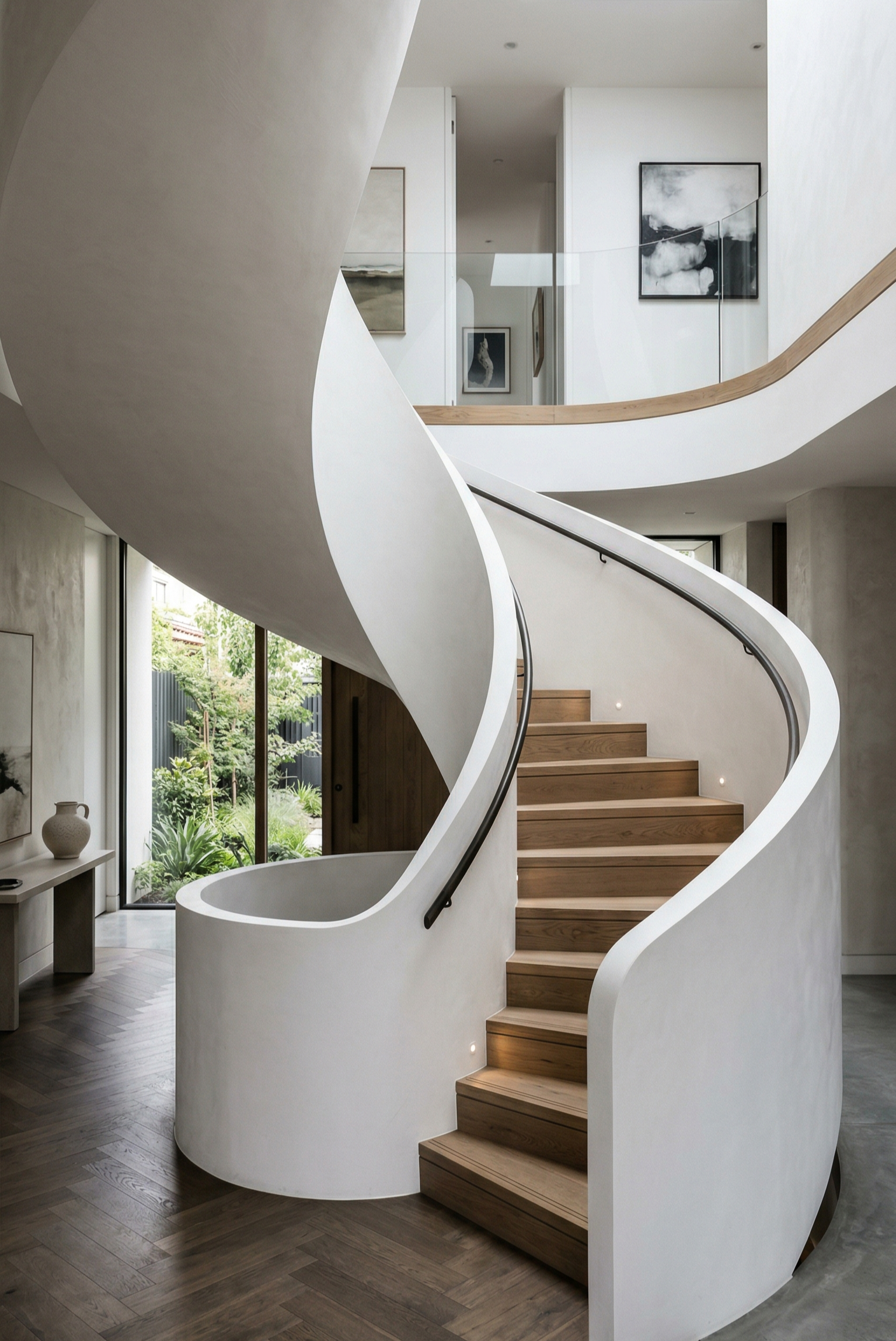 Modern spiral staircase with wooden steps and white curved walls inside a contemporary home.