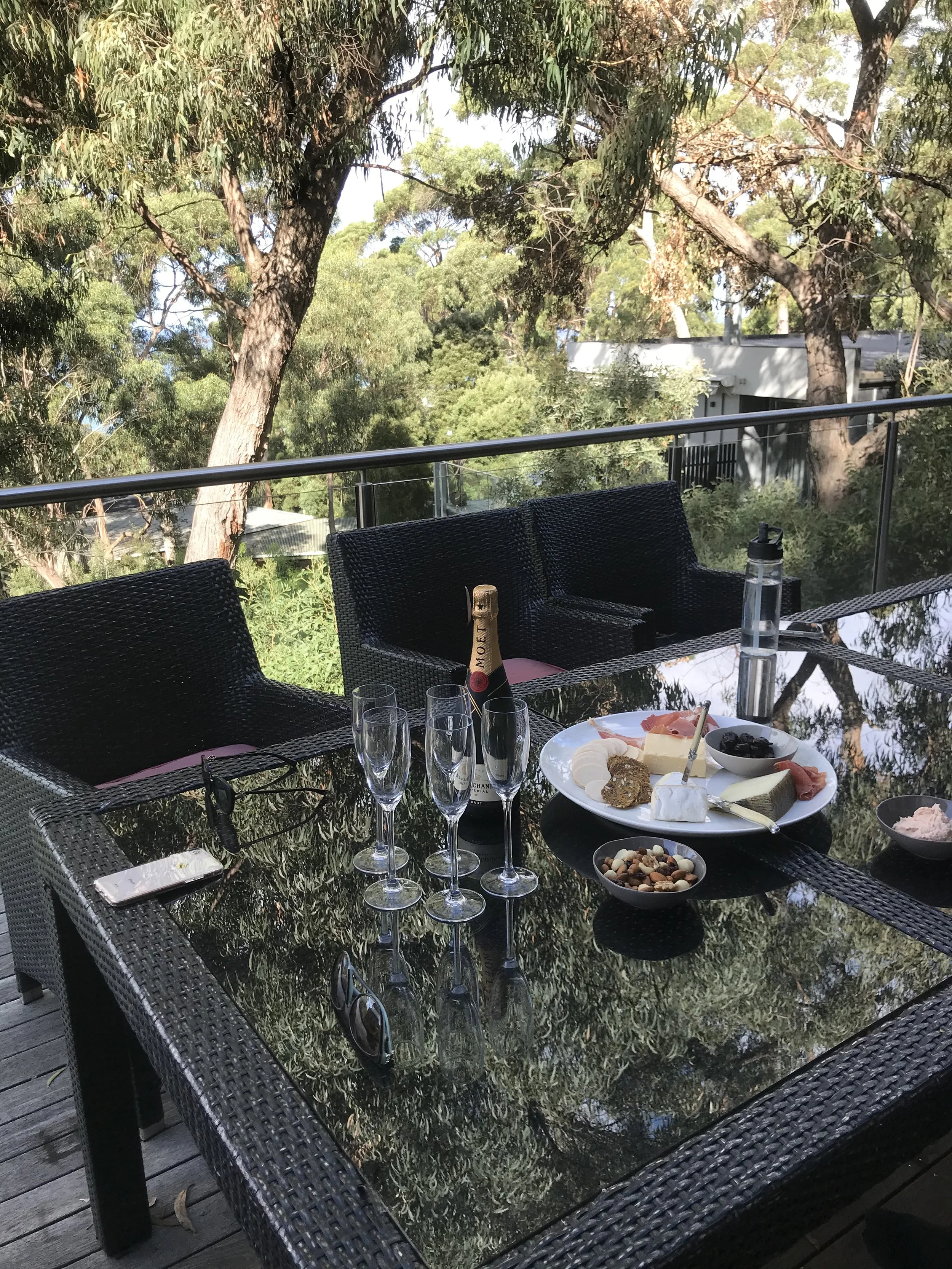 Outdoor patio table set with cheese, fruit, nuts, champagne, glasses, and sunglasses, surrounded by trees and a railing.
