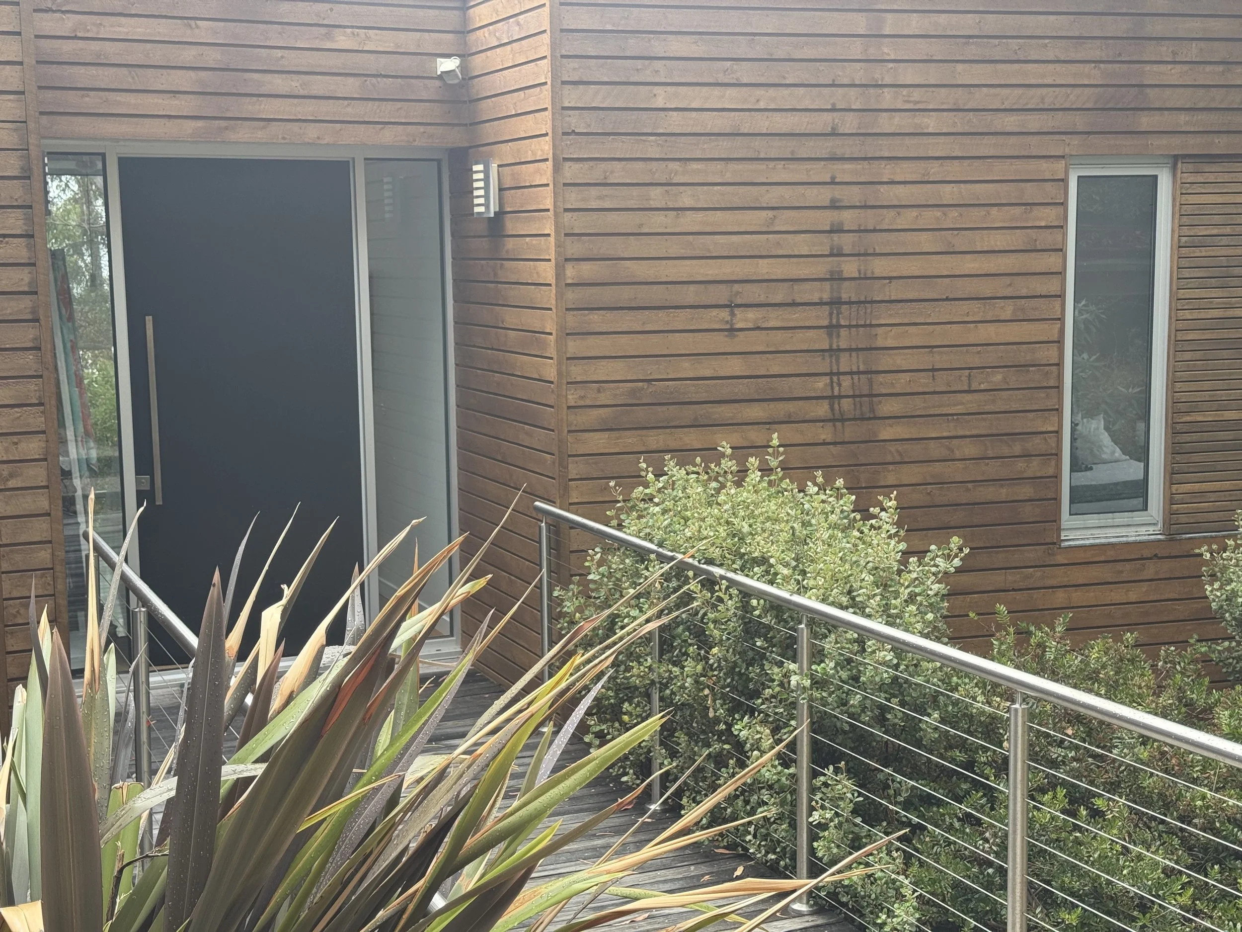 Exterior view of a modern residential house with wooden siding, a black entry door, and small windows, along with a metal railing and some shrubs in the foreground.