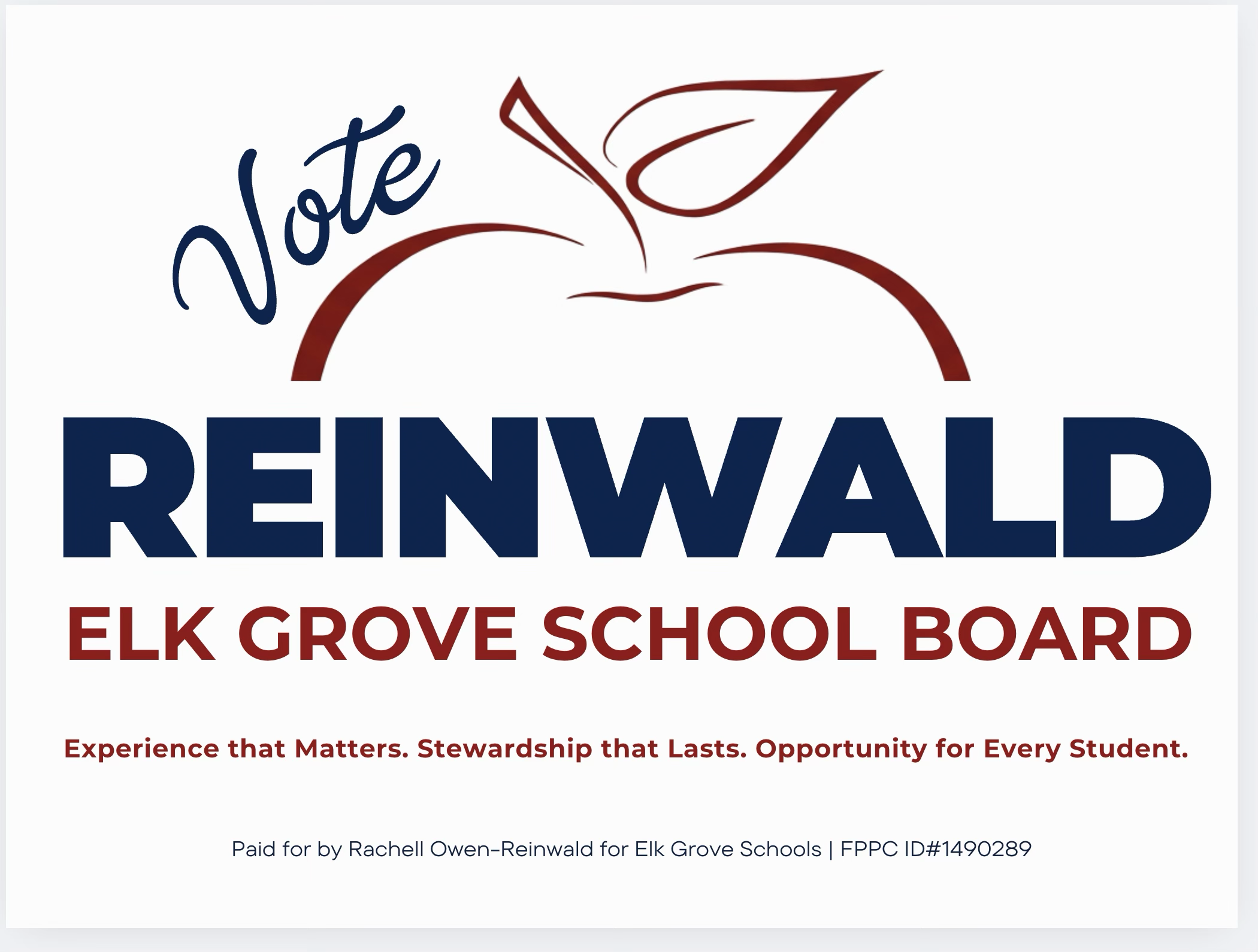 A logo for the Elk Grove School Board featuring the words "Vote" in cursive and "RENAW" in bold capital letters, with a stylized apple with a leaf above the text.