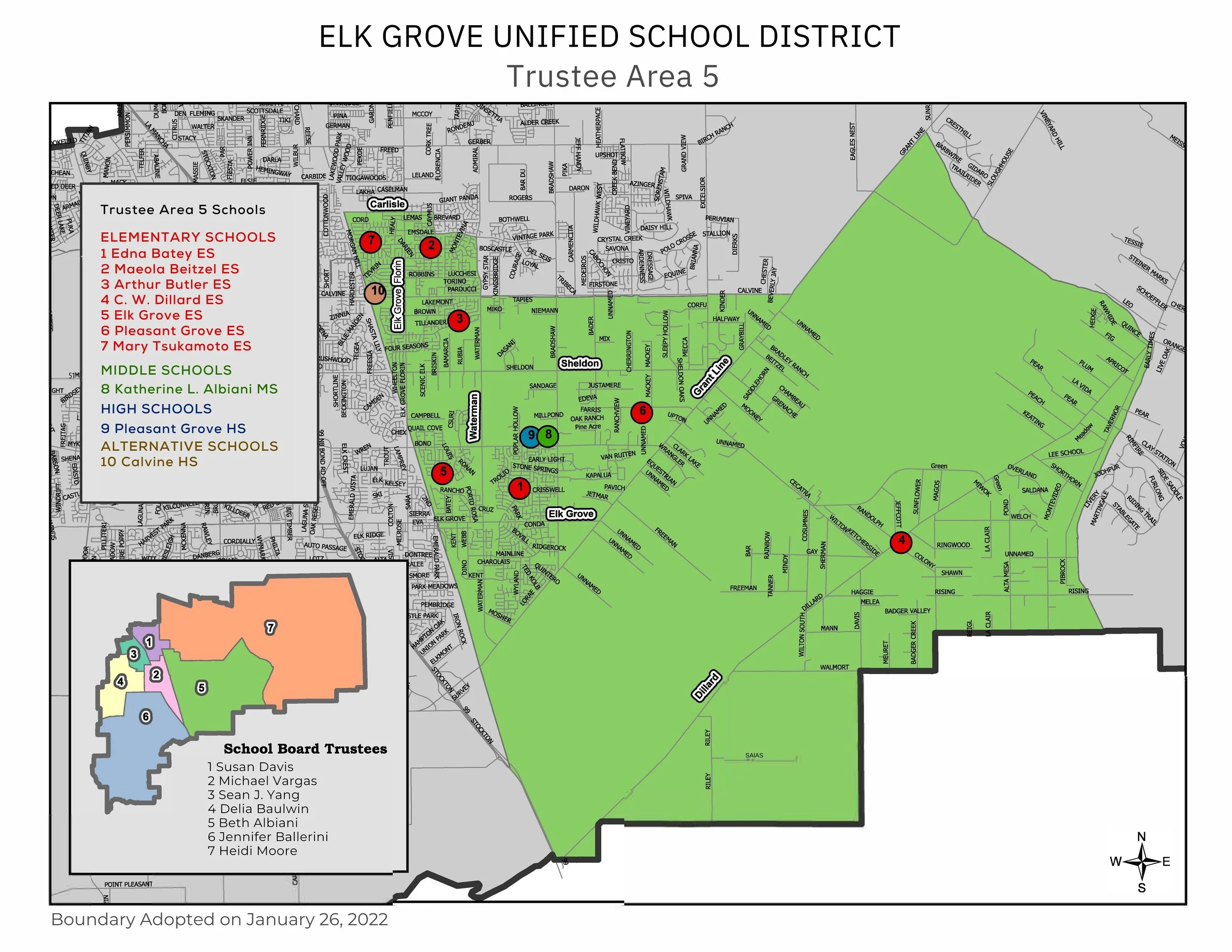 Map of Elk Grove Unified School District showing elementary, middle, and high schools, with numbered locations and color-coded categories.