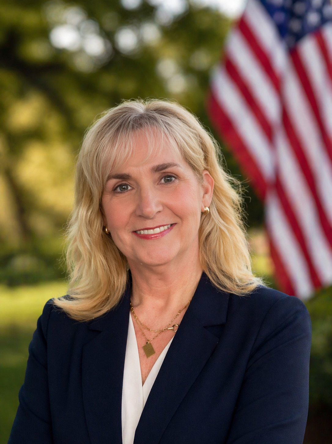 A smiling blonde woman in a navy blazer and gold jewelry, standing outdoors near American flags with trees in the background.