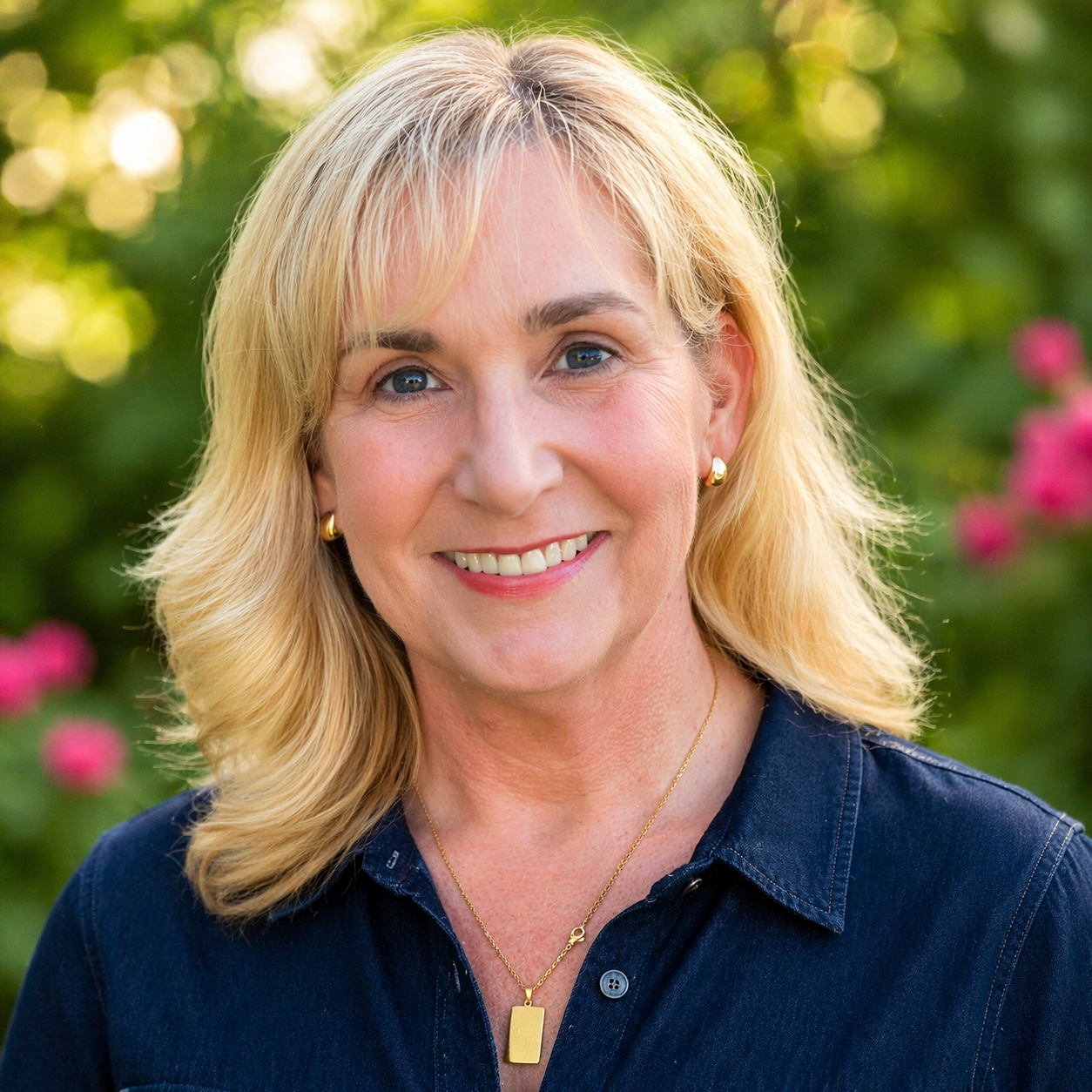 Smiling woman with blonde hair and blue eyes, wearing gold earrings and necklace, outdoors with green foliage and pink flowers in the background.