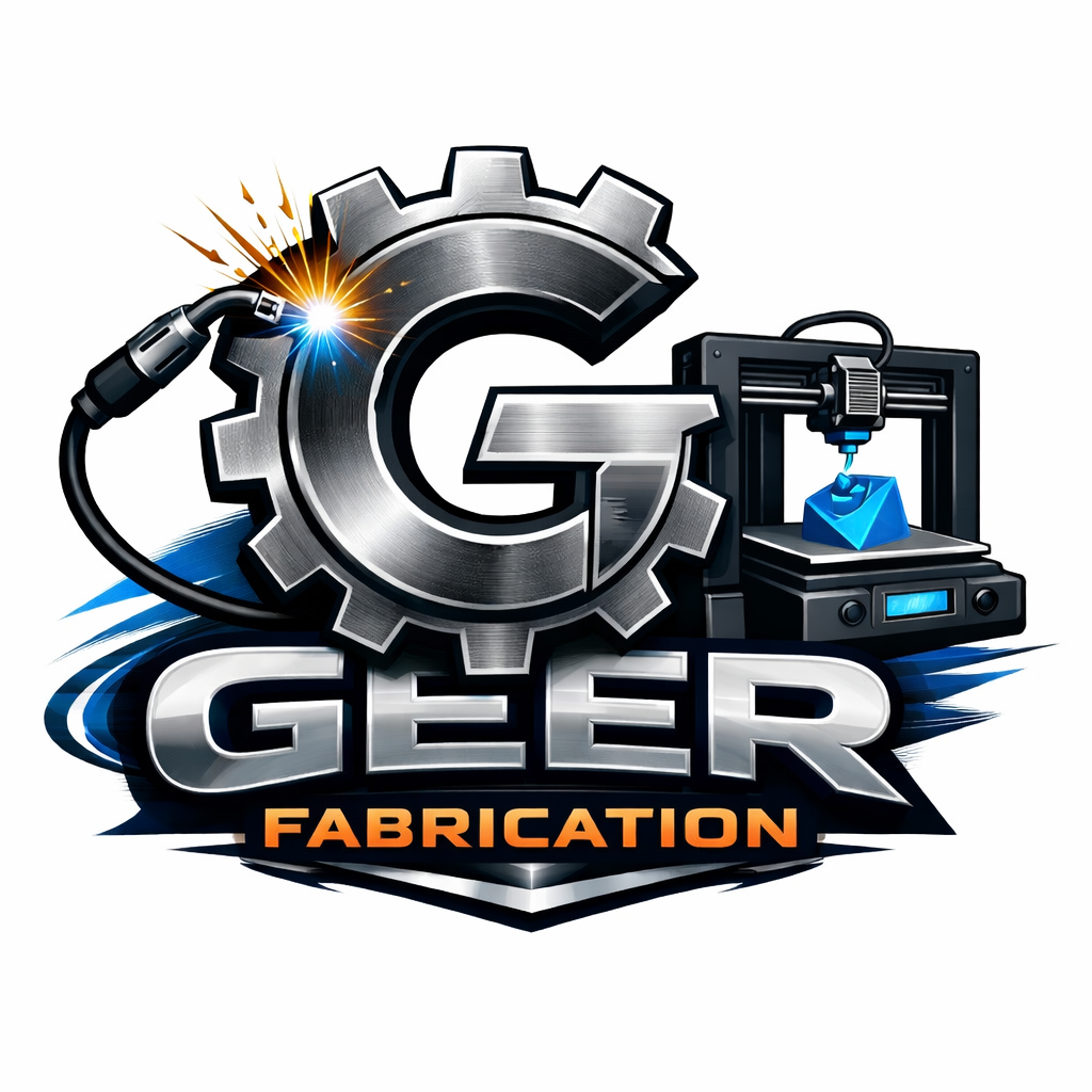 Illustration of a gear with a welding tool on the left, a 3D printer on the right, and the words 'Gler Fabrication' below.