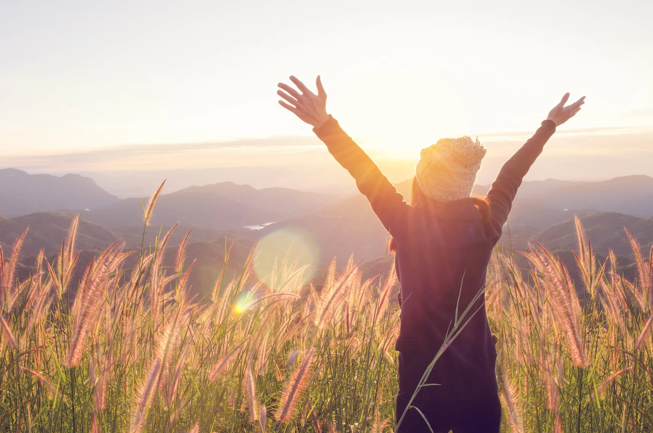 Person standing outdoors in a field with tall grass during sunset, arms raised celebrating.