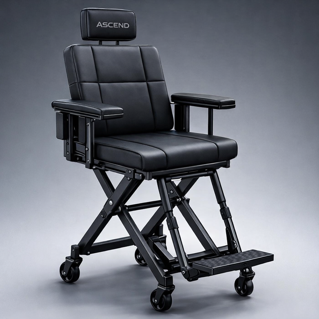 A black hospital or wheelchair-style chair with adjustable armrests and a headrest labeled 'ASCEND' on a gray background.
