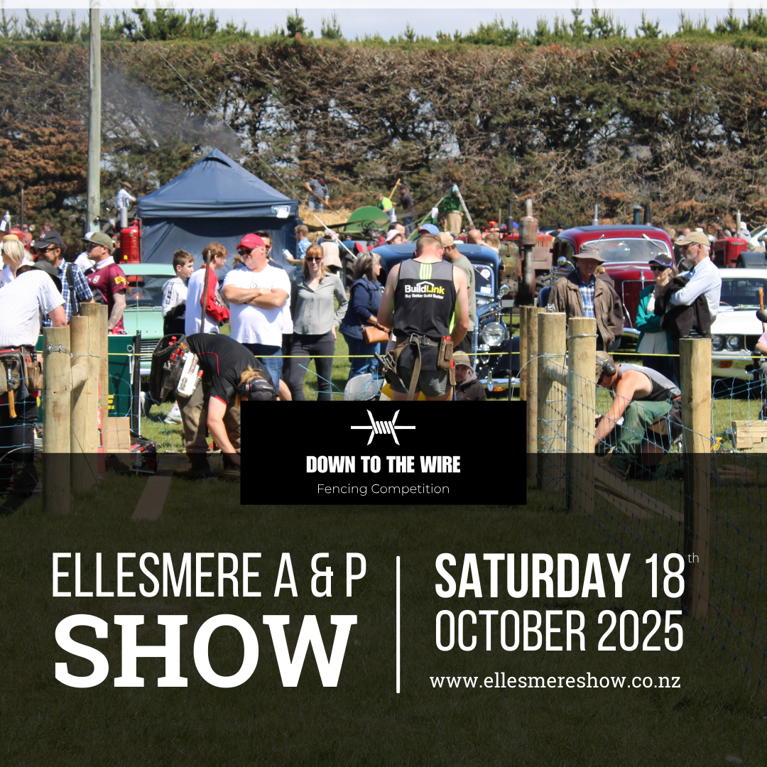 A busy outdoor event with people gathered around vintage trucks and tractors. There is a tent and a group of people, some observing and some working. The event is the Ellesmere A&P Show scheduled for Saturday, October 18th, 2025, at Ellersmere. The event features a fencing competition called 'Down to the Wire'.