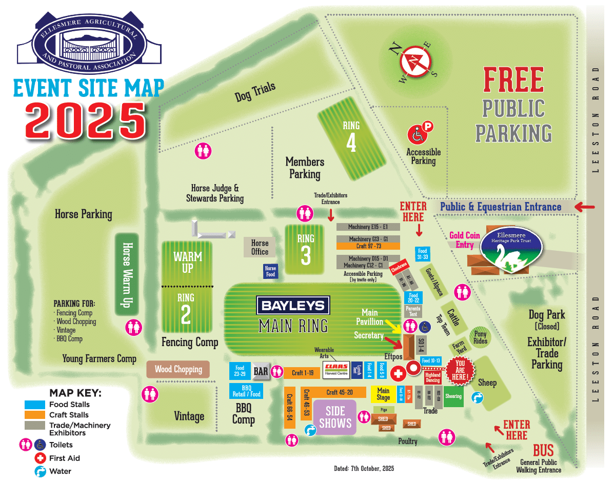 Event site map for 2025, showing various zones, parking areas, food and craft stalls, trade exhibits, animal rings, vendor booths, and entrance points, with labels for amenities like toilets, first aid, water, and parking.