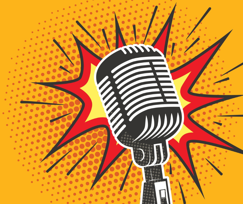 Comic-style illustration of a vintage microphone with a red and yellow burst background on orange and dotted backdrop.
