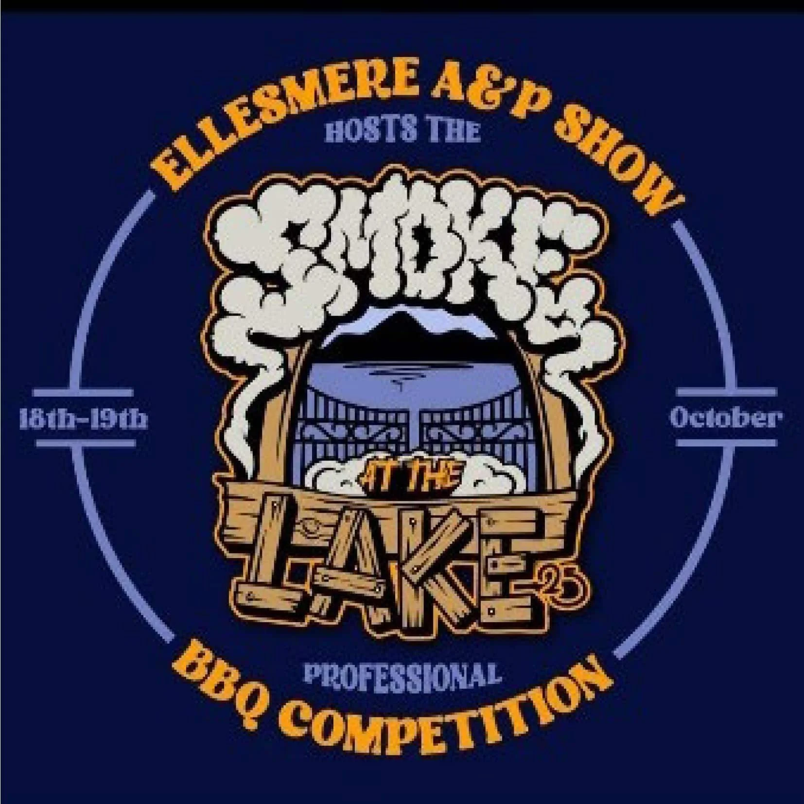 Logo of a BBQ competition hosted by Ellesmere A&P Show, featuring smoke coming from a barbecue grill with text and dates 18th-19th October.