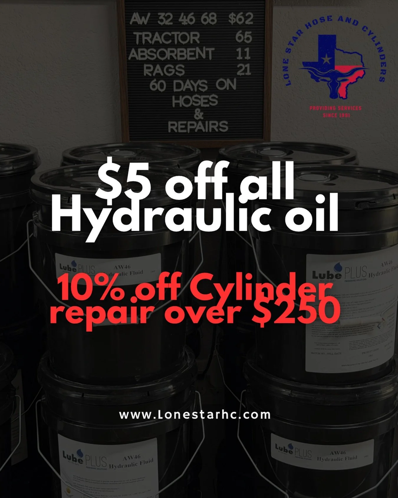 OIL SALE !! This month you can get $5 off our already low oil prices and 10% off each cylinder repair when you spend $250 or more. 
.
.
.
We&rsquo;re open until 5pm so stop by the shop and take advantage of this sale. 
👉🏽 $57 for AW32, AW46 and A68